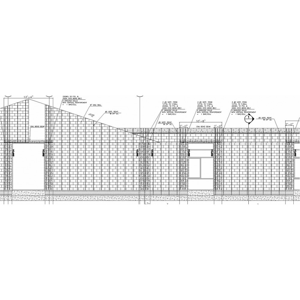 CMU shop drawings, show sizes, profiles, coursing, and locations of