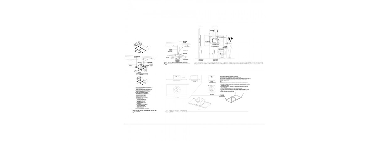 Shop drawings for audio visual system including cabling, receptacle plates, loudspeakers, and electronic devices.