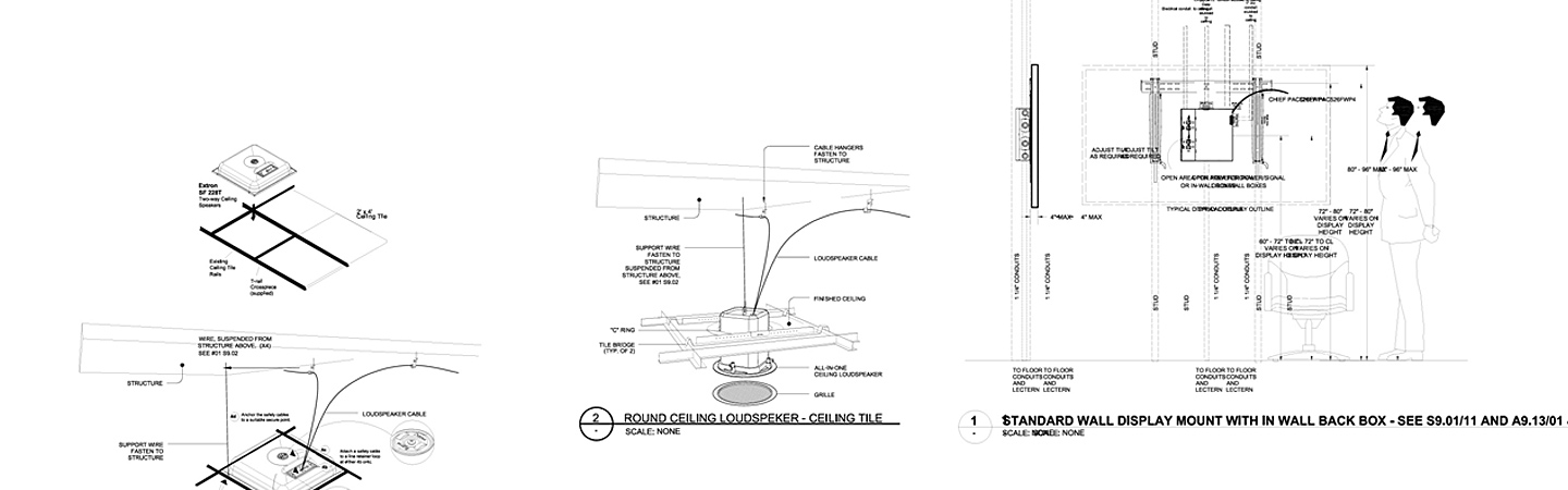 Shop drawings for audio visual system including cabling, receptacle plates, loudspeakers, and electronic devices.