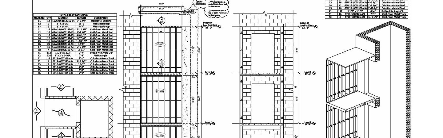 Cold formed metal studs with T&B Tracks framing shop drawings