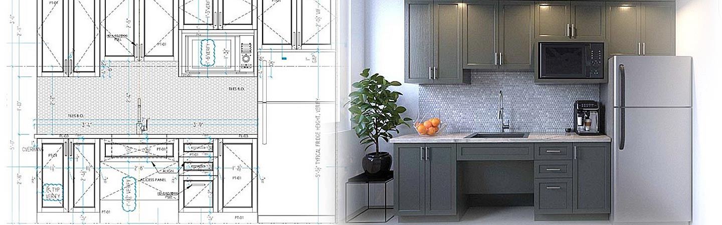 Office kitchen millwork shop drawings with realistic 3D renderings